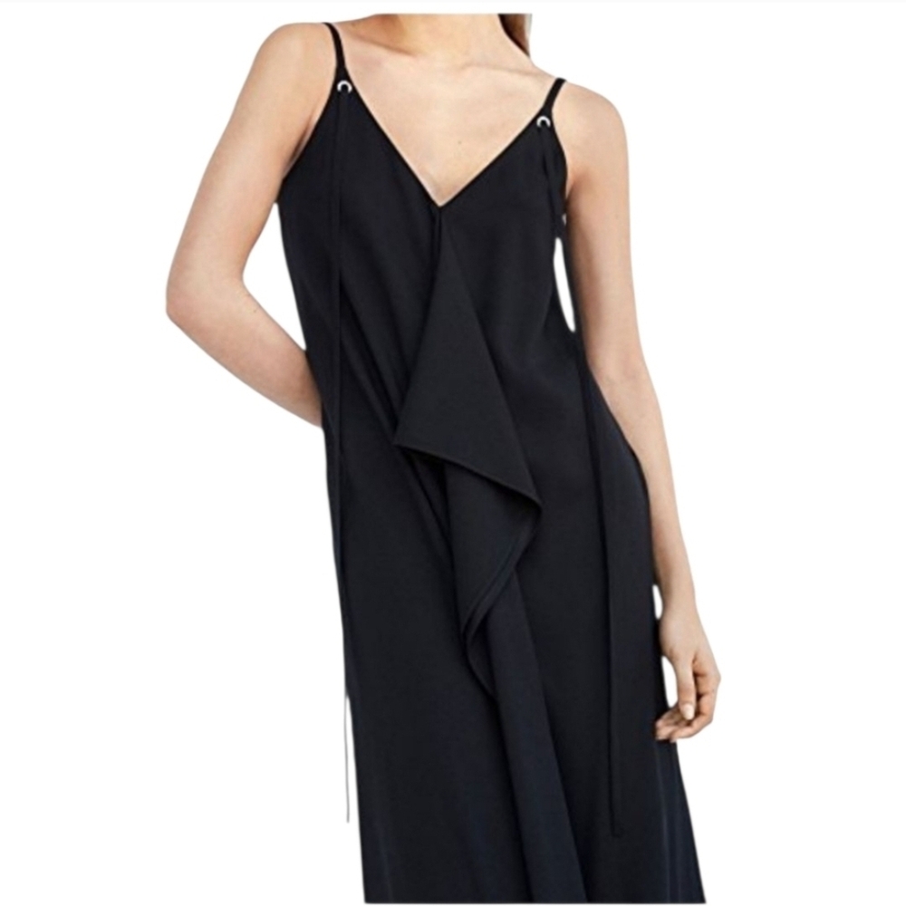 Massimo Dutti Dress Black Long Midi Slip Dress Ruffle Ties Plunging V NWT
